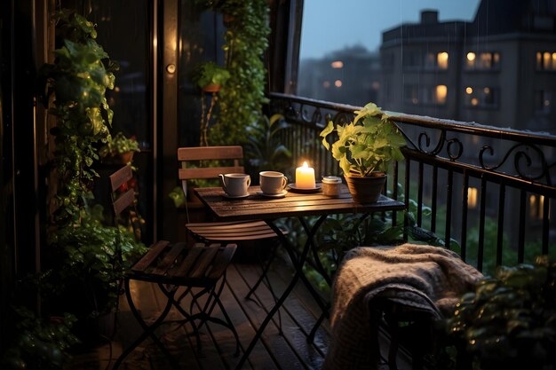 Photo un très joli petit balcon avec de superbes plantes vertes, la pluie arrive lentement le soir
