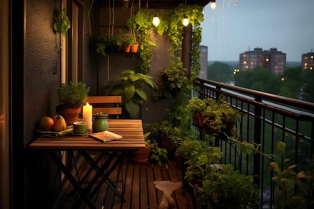 un très joli petit balcon avec de superbes plantes vertes, la pluie arrive lentement le soir