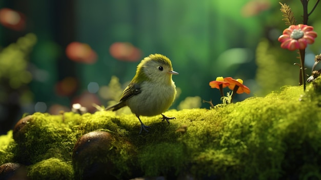Très mignon petit oiseau trèfle forêt de mousse haut Ai généré de l'art