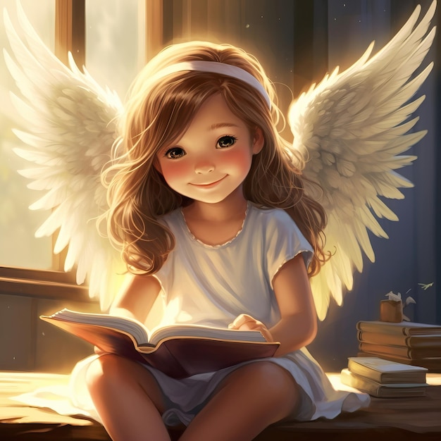 Photo une très mignonne fille de 5 ans chérubin avec de grandes ailes blanches s