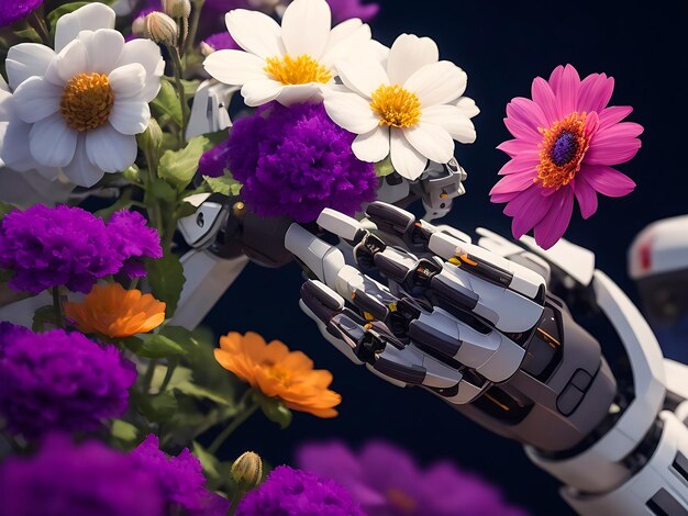 Très mignons et petits robots modernes qui aiment avec l'image de fleur Ai