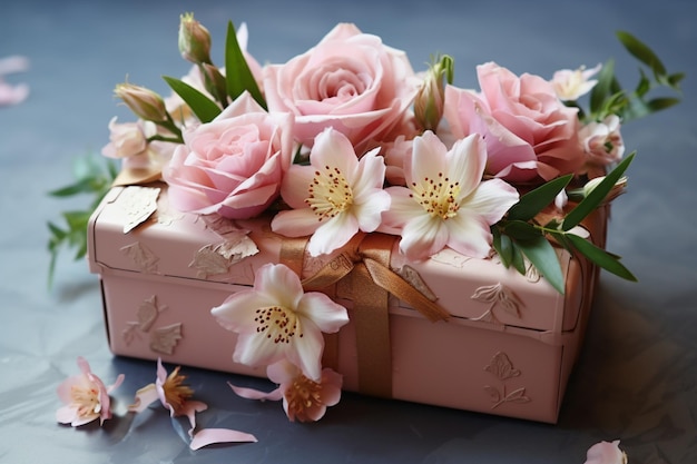 Le trésor orné de fleurs La boîte de grâce des fleurs contre un fond clair Radiant la beauté