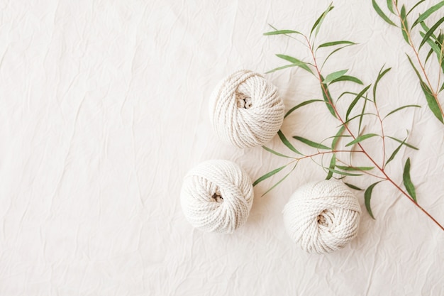 Photo tressage artisanal en macramé et fils de coton avec branche de feuilles vertes.