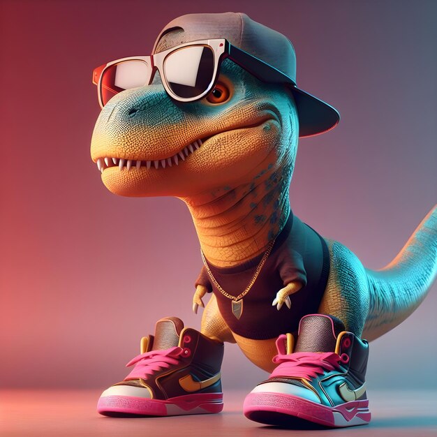 Trex mignon dans une casquette et des lunettes de soleil rendu 3D