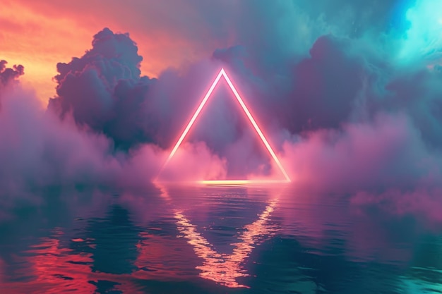 Triangle au néon brillant de couleur arc-en-ciel dans le nuage Ai génératif