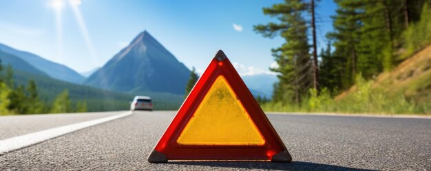 Photo le triangle d'avertissement rouge est sur la route pendant le bon temps la bannière d'accident de voiture générative ai