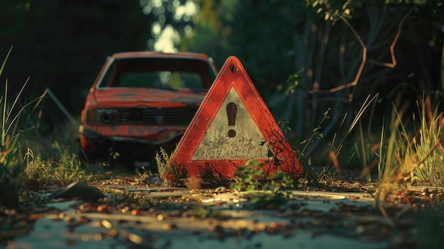 Triangle d'avertissement rouge avec une voiture en panne