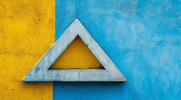 Triangle en béton sur fond jaune-bleu papier peint minimaliste