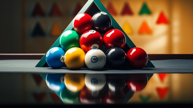 Photo un triangle de boules de bowling sur une table avec un triangle vert sur le dessus
