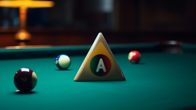 Un triangle avec la lettre a est posé sur une table de billard.