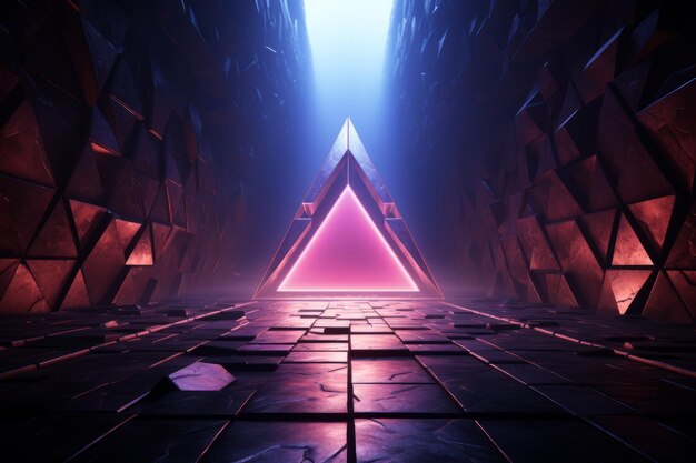 Triangle rose lumineux dans un tunnel futuriste de science-fiction sombre