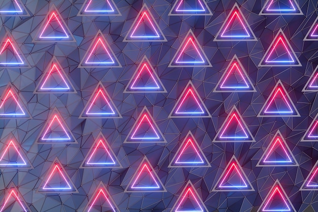 Triangles de néon répétitifs avec rendu 3d de fond de grille