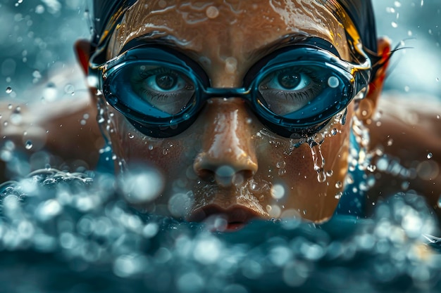 Une triathlète déterminée en train de nager sous la pluie.