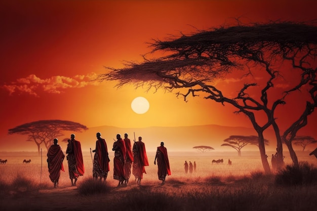 Tribu Masai dans la savane africaine Créé avec la technologie générative d'IA