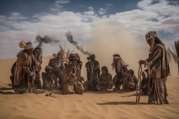 Tribu nomade exécutant une danse rituelle dans le désert créée avec une IA générative