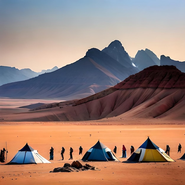 Une tribu de nomades campe pour la nuit leurs tentes aux couleurs vives se détachant sur le