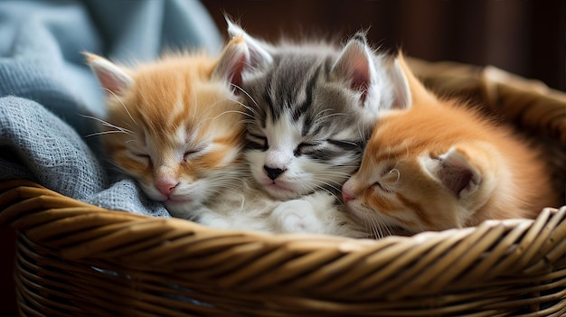 Un trio de chatons câlins ensemble dormant paisiblement dans un panier tissé