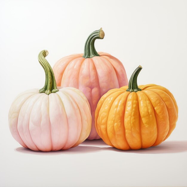 Un trio de citrouilles pastel dansant sur une toile blanche