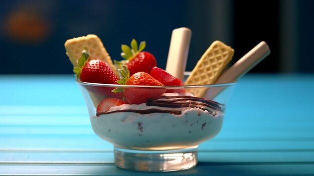 Trio de délicieux desserts glacés au chocolat, à la vanille et à la fraise dans un bol bleu avec deux gaufrettes