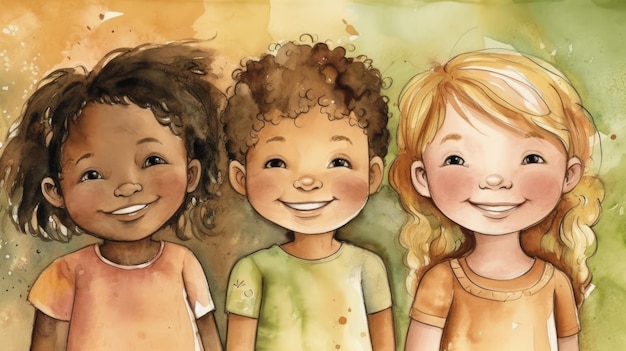 Trio joyeux de figures de bâton multiculturelles à l'aquarelle douce