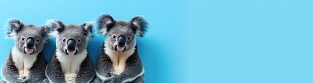 Photo un trio de koalas sur un fond bleu