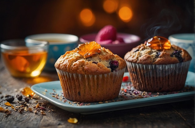 Trio de muffins avec du thé