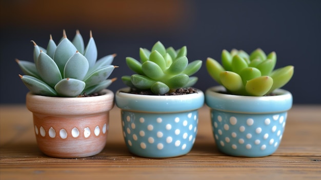 Un trio de plantes succulentes en pot sur une surface en bois