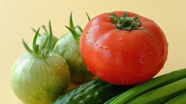 Un trio de produits frais une tomate un concombre et de jeunes tiges d'oignon vert