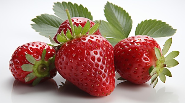 Trio sucré Trois fraises avec feuille sur fond blanc