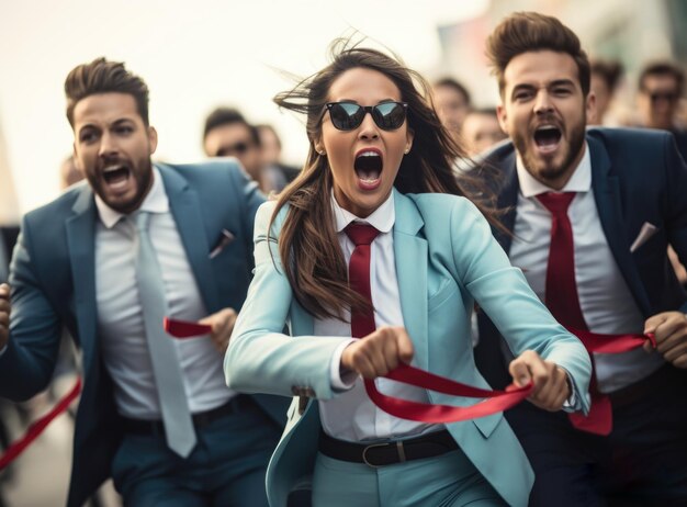 Triomphe du marathon d'entreprise un groupe d'hommes d'affaires en costumes traversant la ligne d'arrivée incarnant la lutte pour le succès la détermination et le travail d'équipe dans le monde concurrentiel des affaires et au-delà