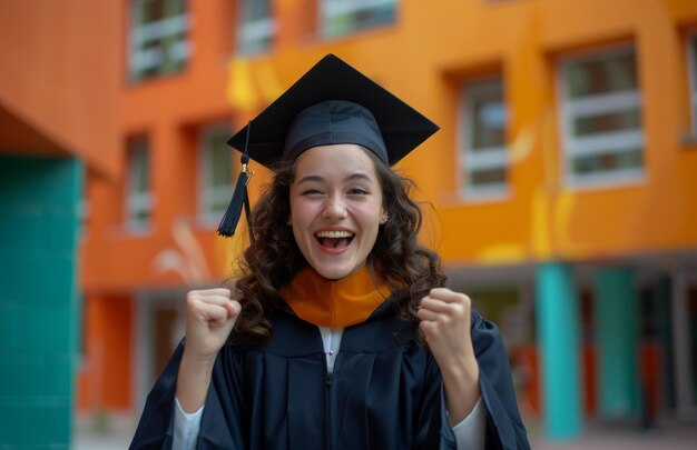 Triomphe et joie Une jeune diplômée célèbre avec enthousiasme ses résultats scolaires