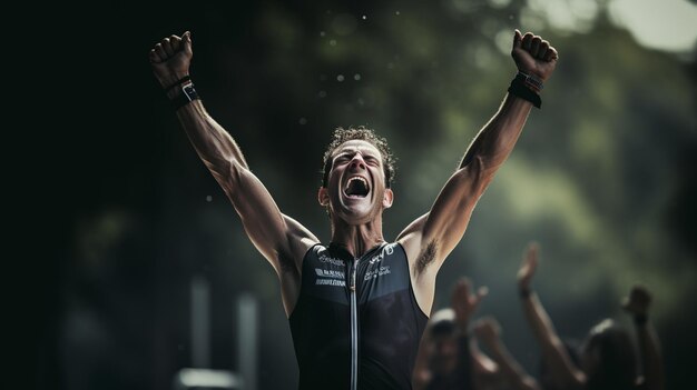 Photo le triomphe d'un triathlète à la fin de la course de grueling