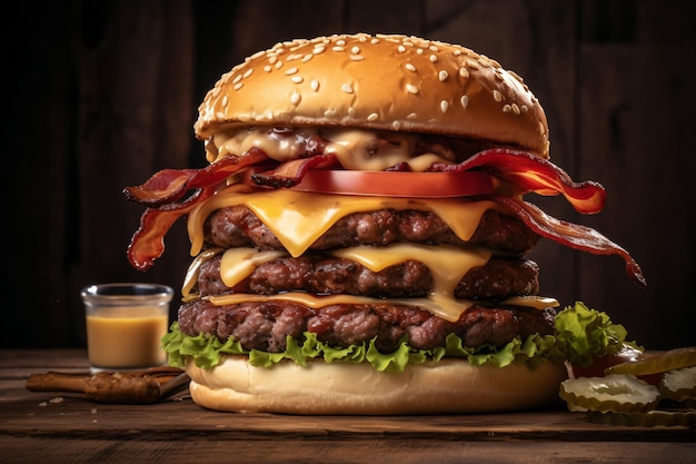 Un triple cheeseburger alléchant avec du bacon et de la tomate