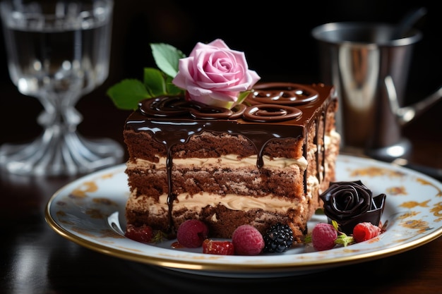 Triple gâteau au chocolat dans une atmosphère délicieuse de thé d'après-midi avec des canapés de velours génératifs IA