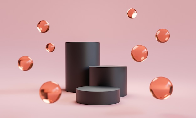 Photo triple marche de podium noir avec des boules de verre sur fond rose pour l'affichage de scène de produits cosmétiques et de mode de luxe par technique de rendu 3d.