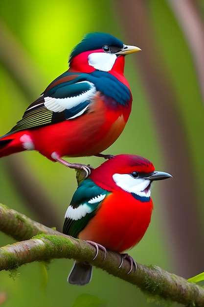 triple oiseau rouge coloré est assis sur une branche dans la forêt brids avec des taches blanches générées par ai