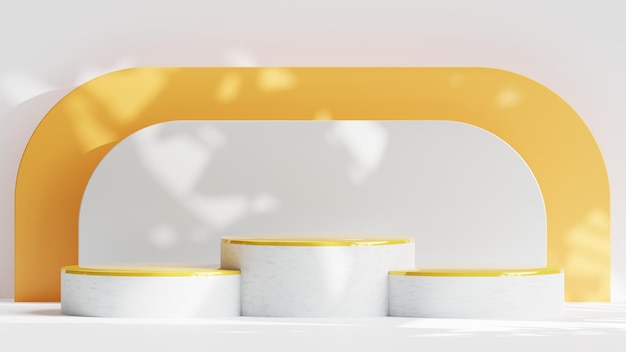 Triple podium circulaire rendu 3D en béton doré et blanc adapté à l'affichage du produit