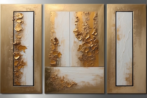 Triptyque de peinture à l'huile d'art texturé doré abstrait moderne