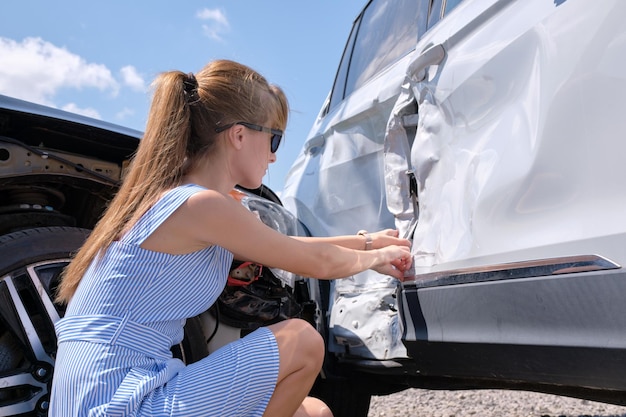 Triste conductrice assise côté rue choquée après un accident de voiture. Concept de sécurité routière et d'assurance des véhicules