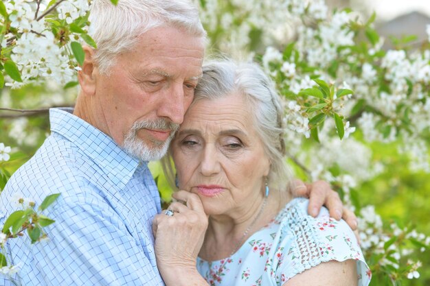 Triste couple de personnes âgées dans le parc du printemps