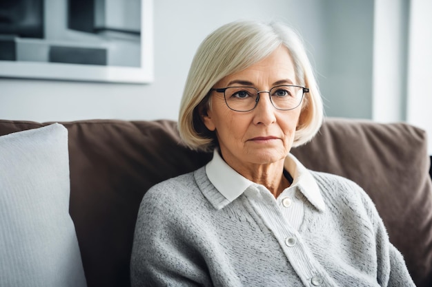 Triste fatigué malade malade solitaire déçu caucasien senior woman sitting on the couch