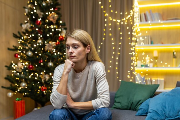 Triste femme seule à la maison pour noël assise sur un canapé dans le salon déprimée pendant les vacances du nouvel an