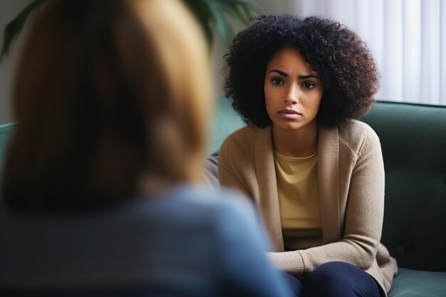 Photo une triste fille afro-américaine reçoit le soutien psychologique d'un conseiller thérapeute