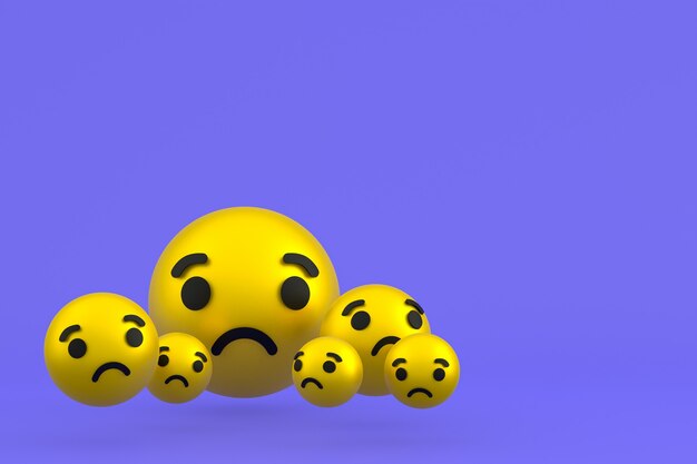 Triste icône Facebook réactions emoji rendu 3d, symbole de ballon de médias sociaux sur fond violet