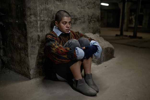 Triste jeune adolescente assise seule à l'extérieur dans la rue après être devenue sans abri. Concept de pauvreté et de solitude