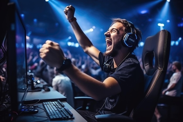 Triumphant eSports Gamer célébrant la victoire au Cyber Championship