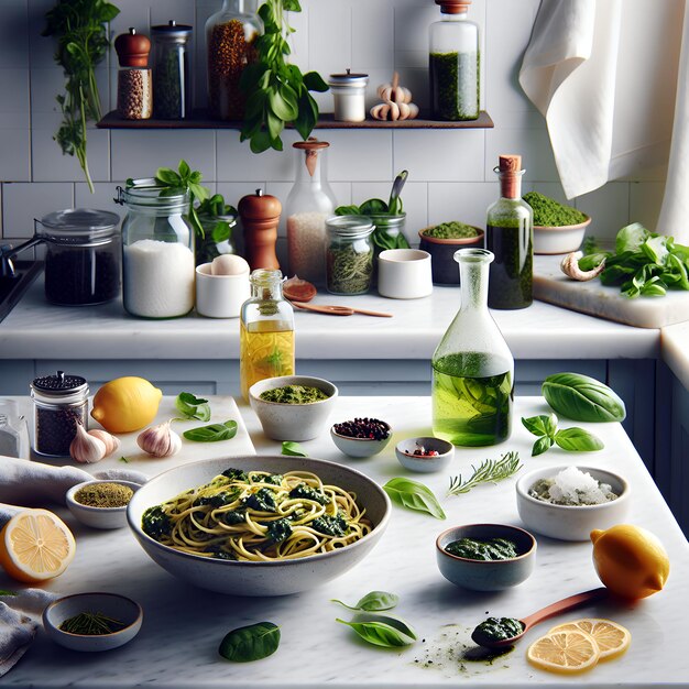 Photo trofie al pesto ligurien avec du citron sur un comptoir en marbre