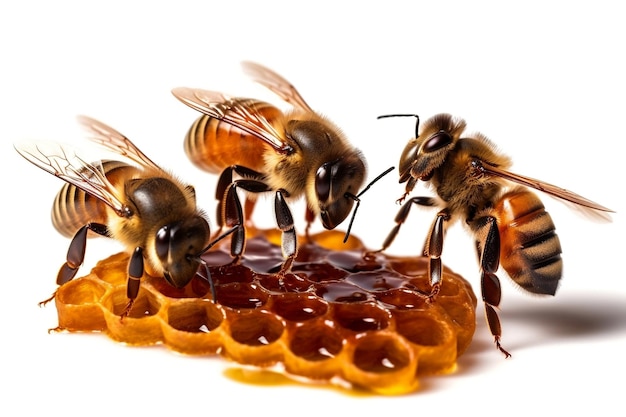 Trois abeilles avec un nid d'abeille isolées sur un fond blanc AI