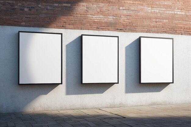 Photo trois affiches blanches sur un mur urbain texturé avec des ombres subtiles