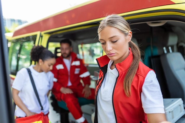 Photo trois ambulanciers multiraciaux devant une ambulance transportant du matériel portable